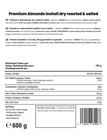 Amandes en coque premium grillées à sec et salées - 600G
