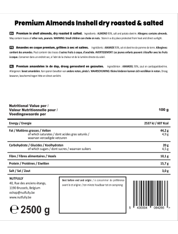 Amandes en coque premium grillées à sec et salées - 2,5 KG