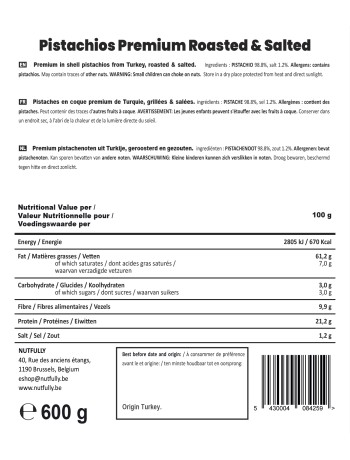 Premium pistachenoten uit Turkije, geroosterd en gezouten - 600G