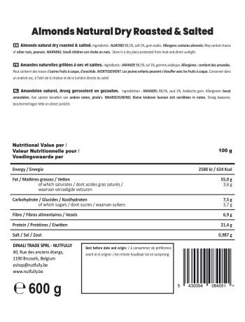 Amandelen naturel, droog geroosterd en gezouten - 600G