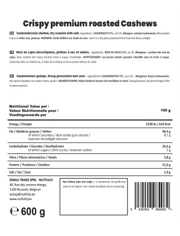 Premium Cashewnoten met schil, licht geroosterd en licht gezouten - 600G