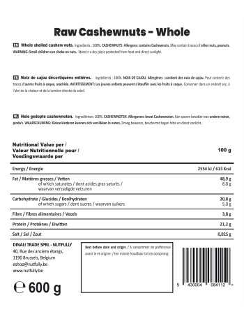 Noix de cajou crues décortiquées entières - 600G