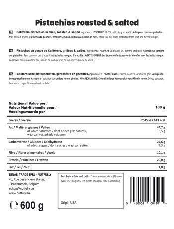 Pistaches en coque de Californie, grillées & salées - 600G